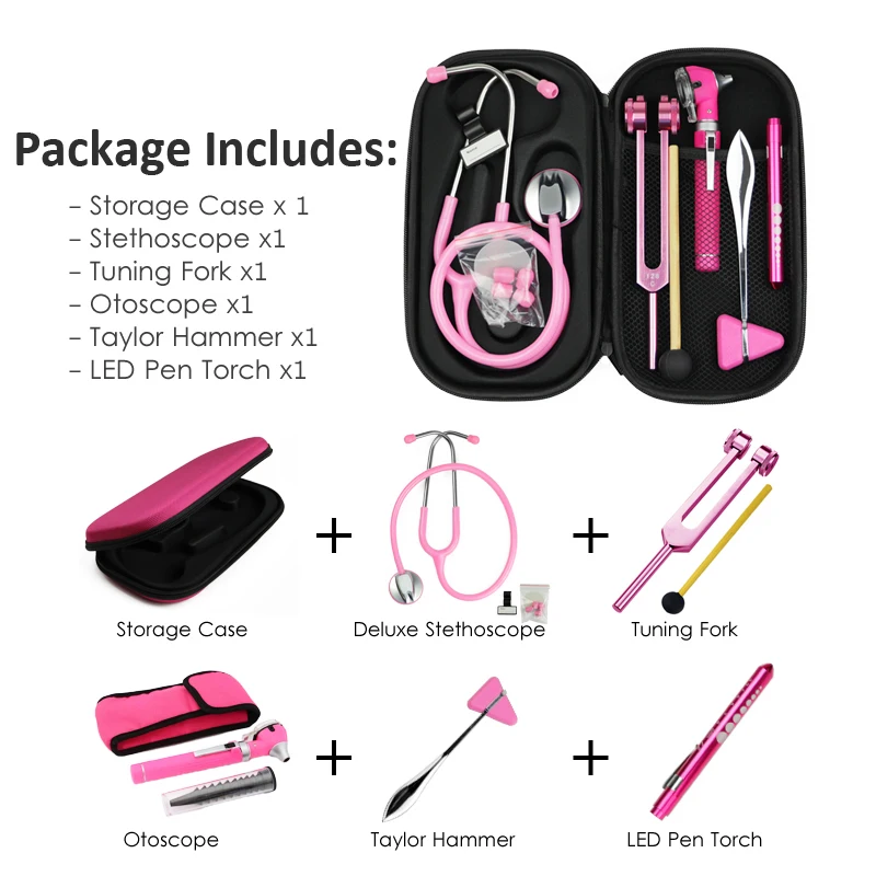 Pink Classic Medical Health Monitor Storage Case Kit and Stethoscope Otoscope Tuning Fork Reflex Hammer LED Penlight Torch Tool