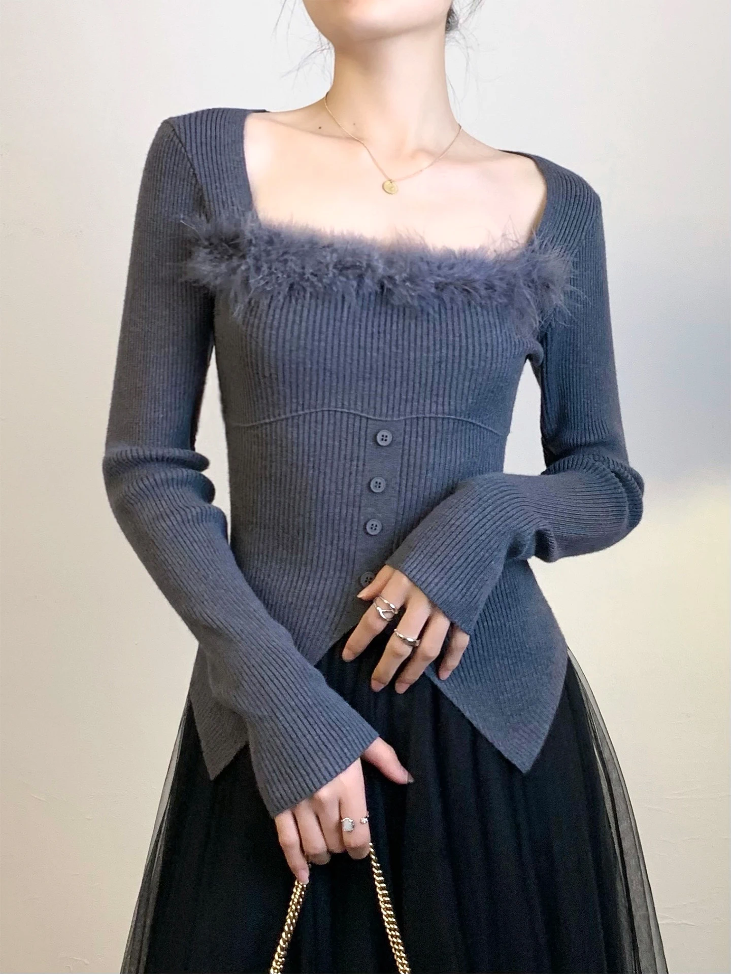 

Женский вязаный свитер с длинным рукавом, облегающий, модный, с квадратным воротником, для зимнего сезона, в французском стиле, одежда для девушек