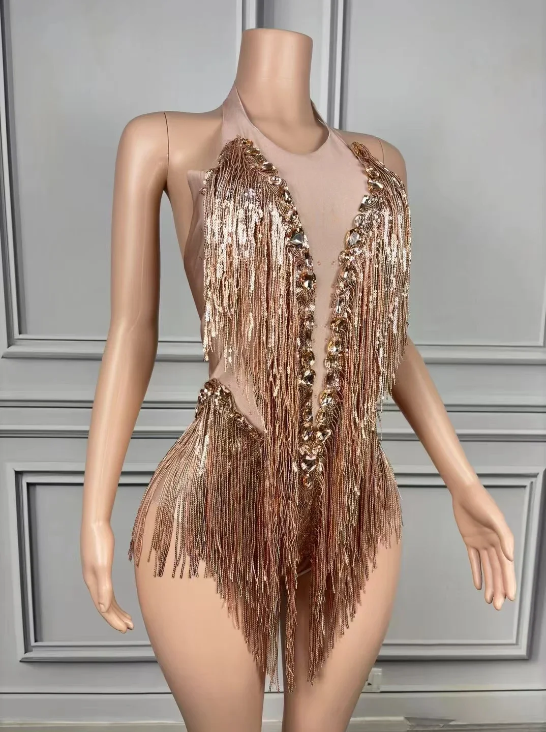 Sexy Mode Sparkly Strass Fringe Pailletten Quaste Body Frauen Latin Jazz Pole Dance Kostüm Bühne Leistung Catsuit