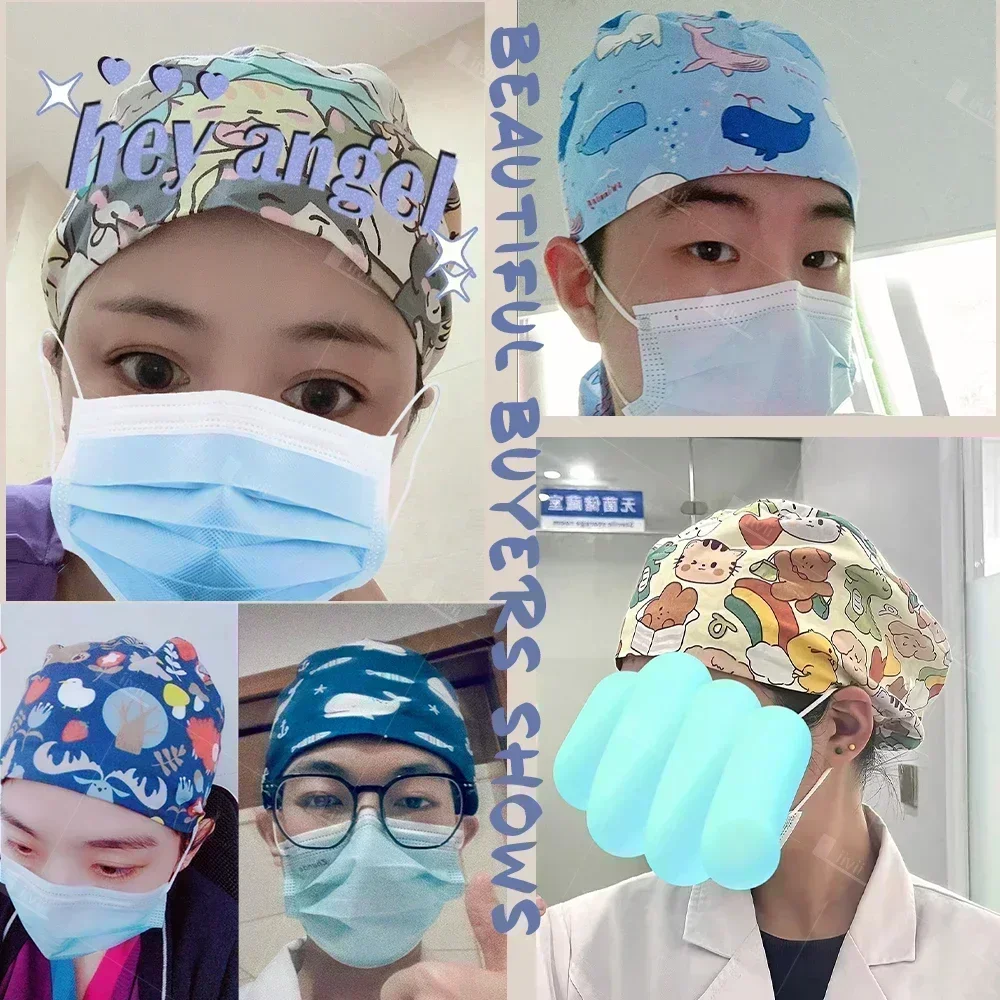 Doctor Operating Room Work Hat Print Scrub Cap with Buckle Medical Nursing Surgical Head Cap Lab Pet Beauty Hat Unisex Nurse Cap