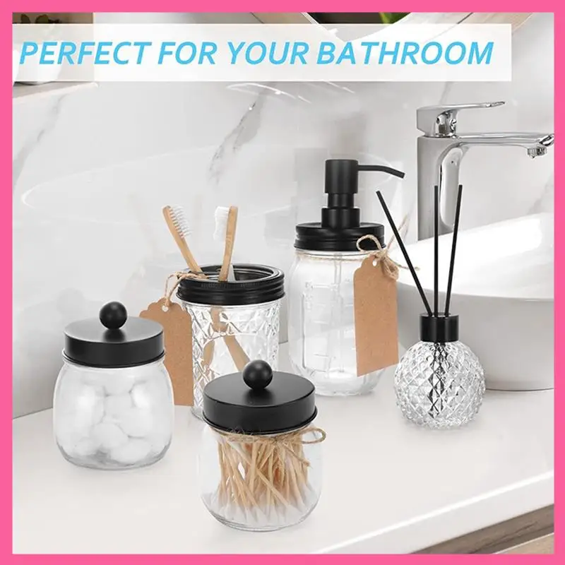 HOT-Bathroom Accessories Set 4 Pcs -Lotion Soap Dispenser & 2 Cotton Swab Holders & Toothbrush Holder (Black)