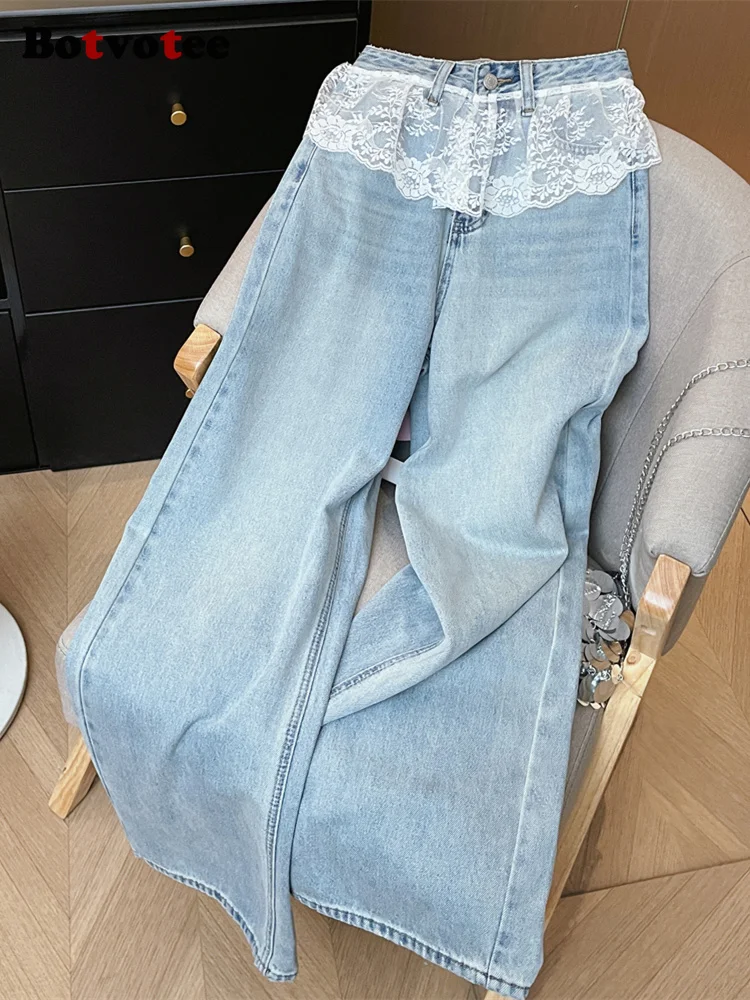

Botvotee Designer Lace Paneled Jeans for Women 2025 Spring Summer New Korean Fashion Wide Leg Denim Pants Y2k Jeans