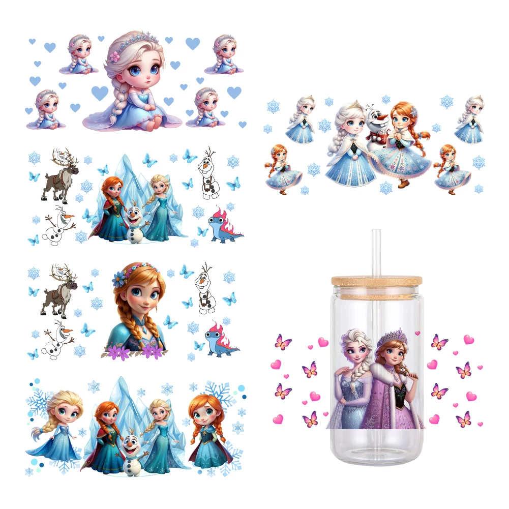 Disney Princess Frozen Elsa and Anna For Libbey 16oz Can Glass 3D Waterproof UV DTF Coffee Can Wrap Libbey Glass Wrap