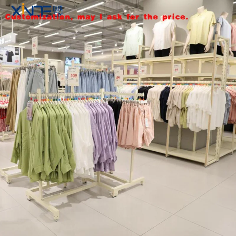 

Custom. XINDE Легкая двусторонняя стойка для супермаркета, железная и деревянная металлическая витрина с проволочными стеллажами для хранения одежды