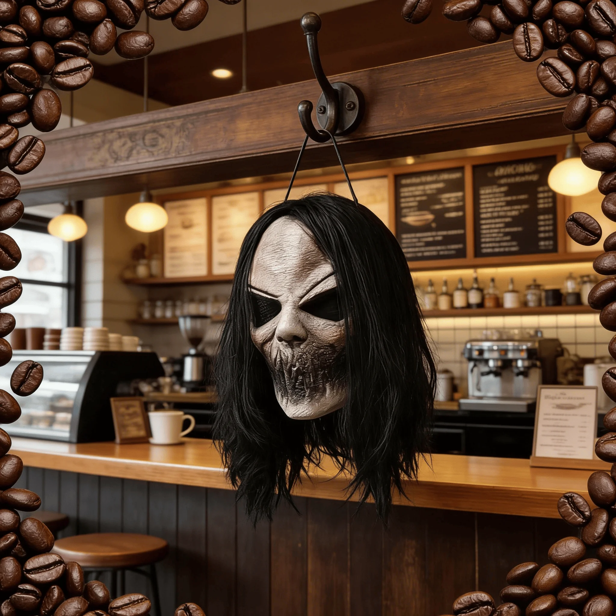 Máscara de cosplay de demonio realista con boca cosida y ojos de malla – Máscara de látex de cabeza completa con cabello adjunto, ideal para Halloween