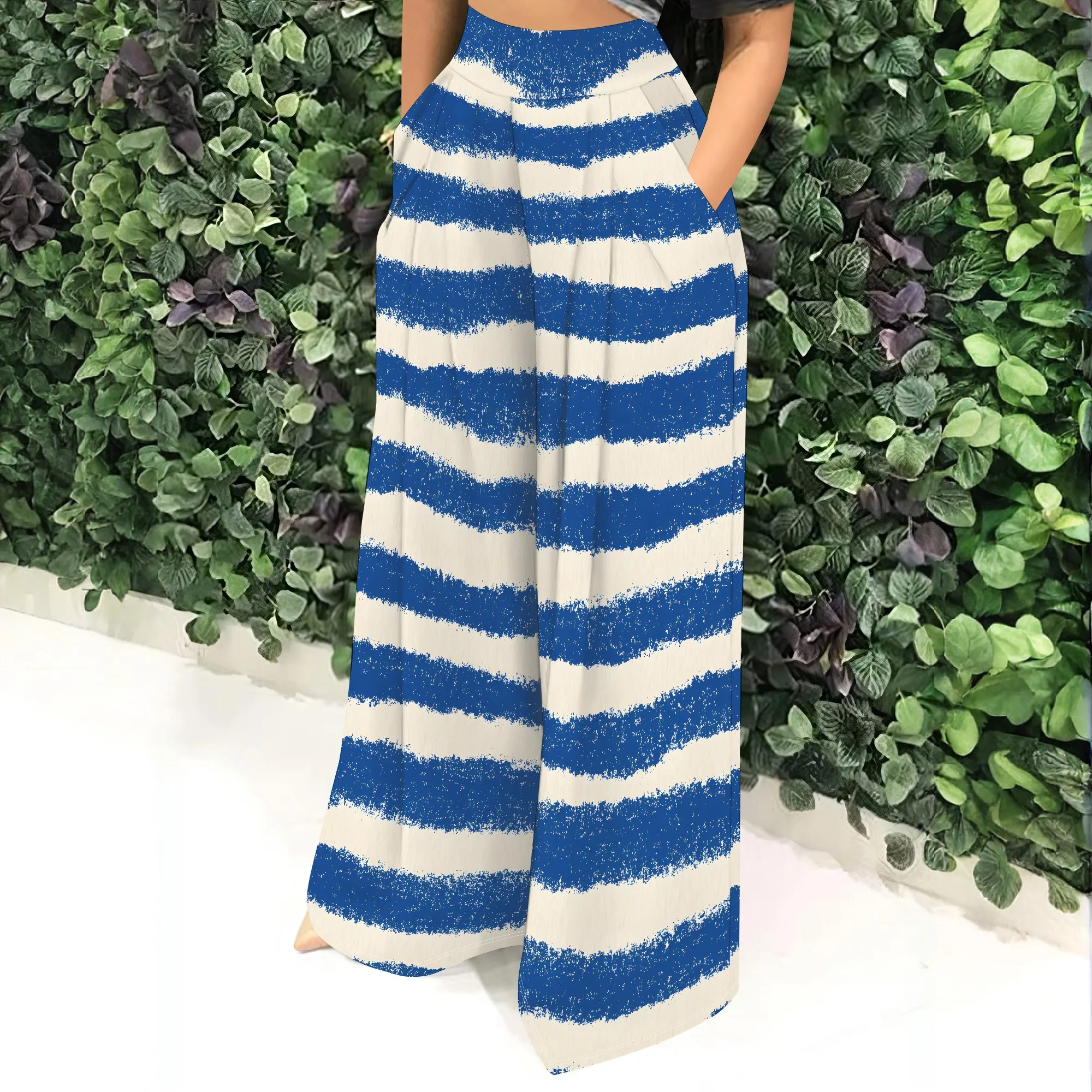 Striped, Wide Leg Pants, Brushstroke Print Trousers, High Waist Palazzo, Casual Beach Wear, Pockets, Summer, S-2XL