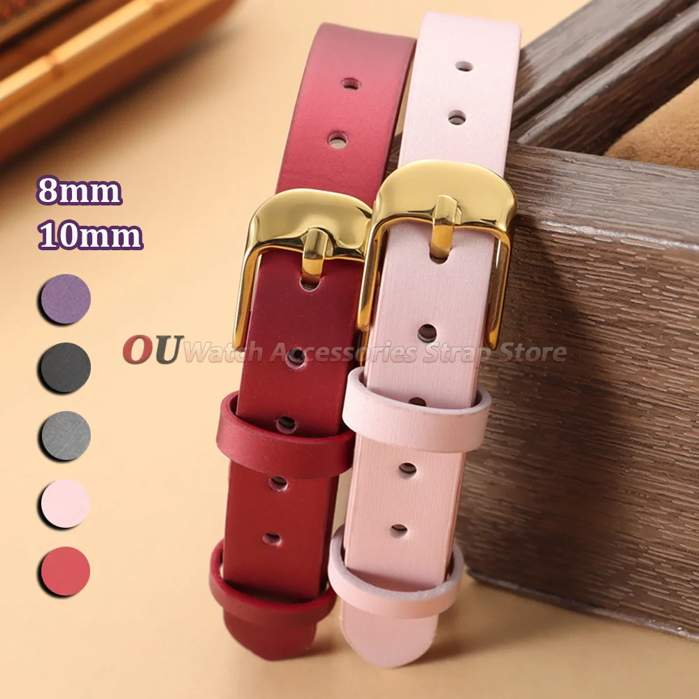 Fashion Ultra-thin Leather Watch Band 8mm 10mm Small Size Universal Women Men Wristband Black Pink Gold Buckle Strap Accessories