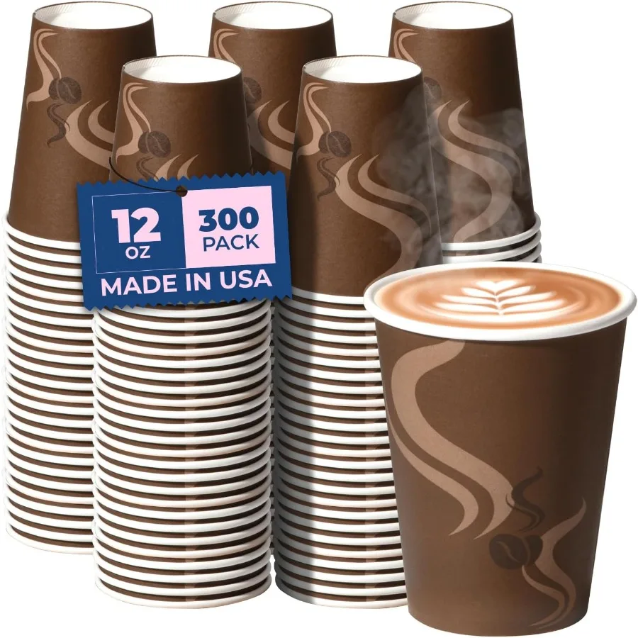 

300 упаковок, 12 унций, одноразовые бумажные кофейные стаканчики, коричневые бумажные стаканчики, герметичные крафт-чашки для горячего и холодного питья для домашнего использования, офисной встречи