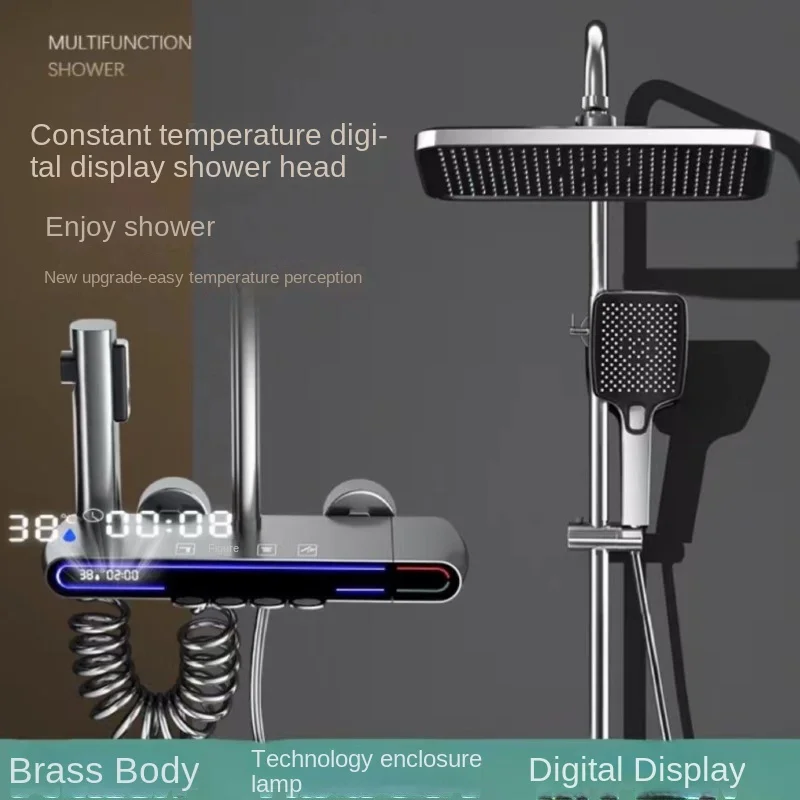 مجموعة دش ترموستاتي رقمية ذكية ، إضاءة محيطية ، مفاتيح بيانو بأربع سرعاتٍ ، دش نحاسي مضغوط للحمام