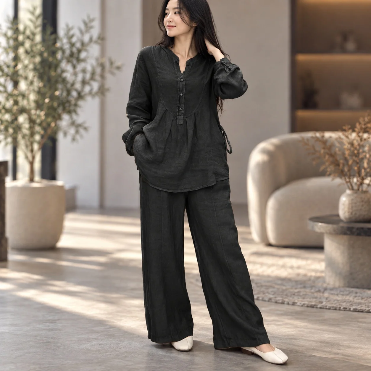 Casual Long Sleeve Sets Full Length with Applique Shirt Top Full Length Pants Regular Sleeve Patchwork Urban Elegant Women Sets