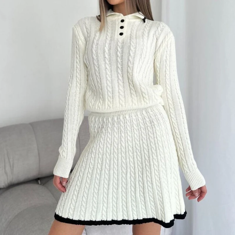 Elegant Twisted Knitted Solid Skirt Set Fashion Laple Button Pullover Top & Mini Skirt Suit Women Casual Long Sleeve 2Pc Outfits