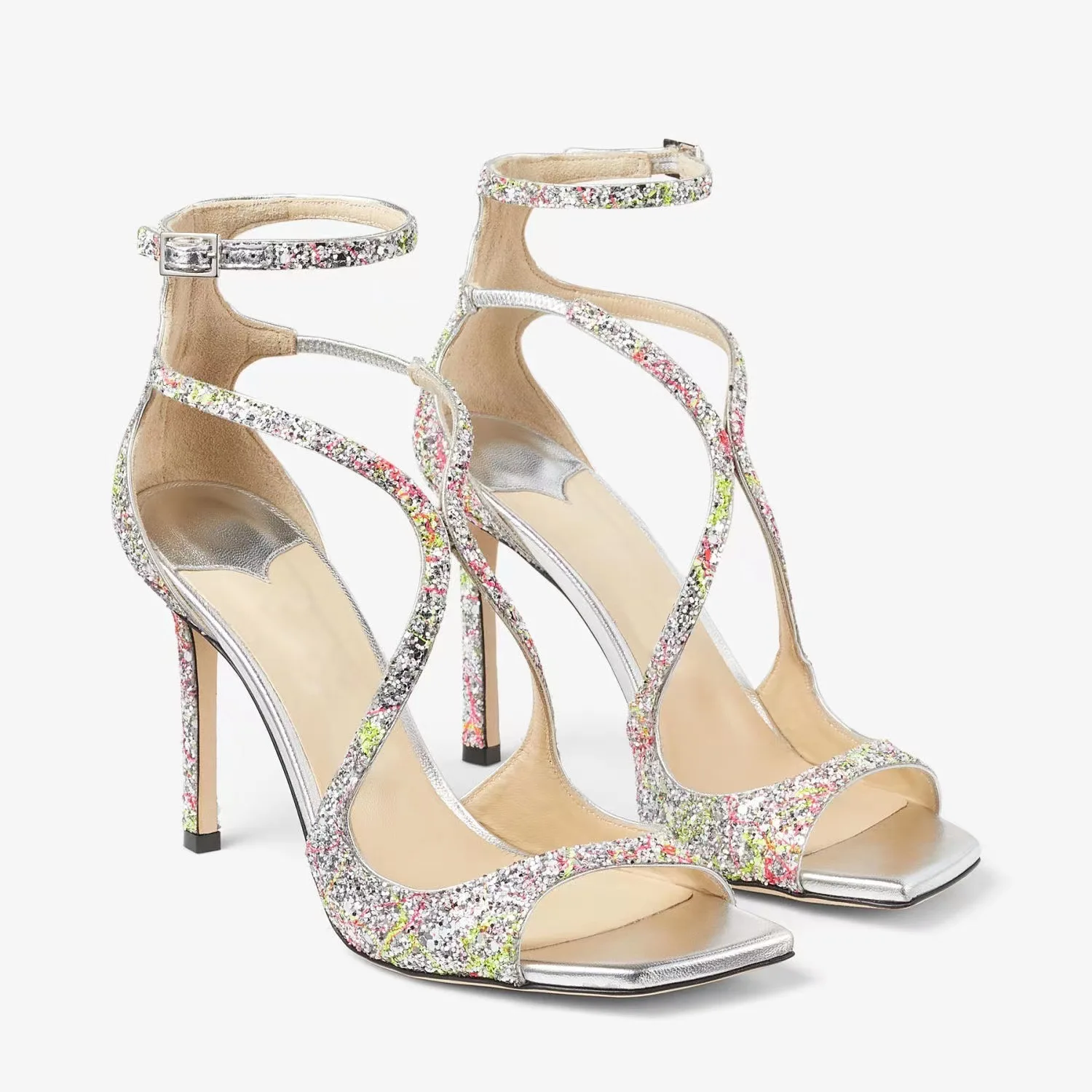 

Cross Strap Open Toe Stiletto Pumps Rhinestone Buckle Sandals Sequined Party Women Shoes Sandalias Mujer Verano