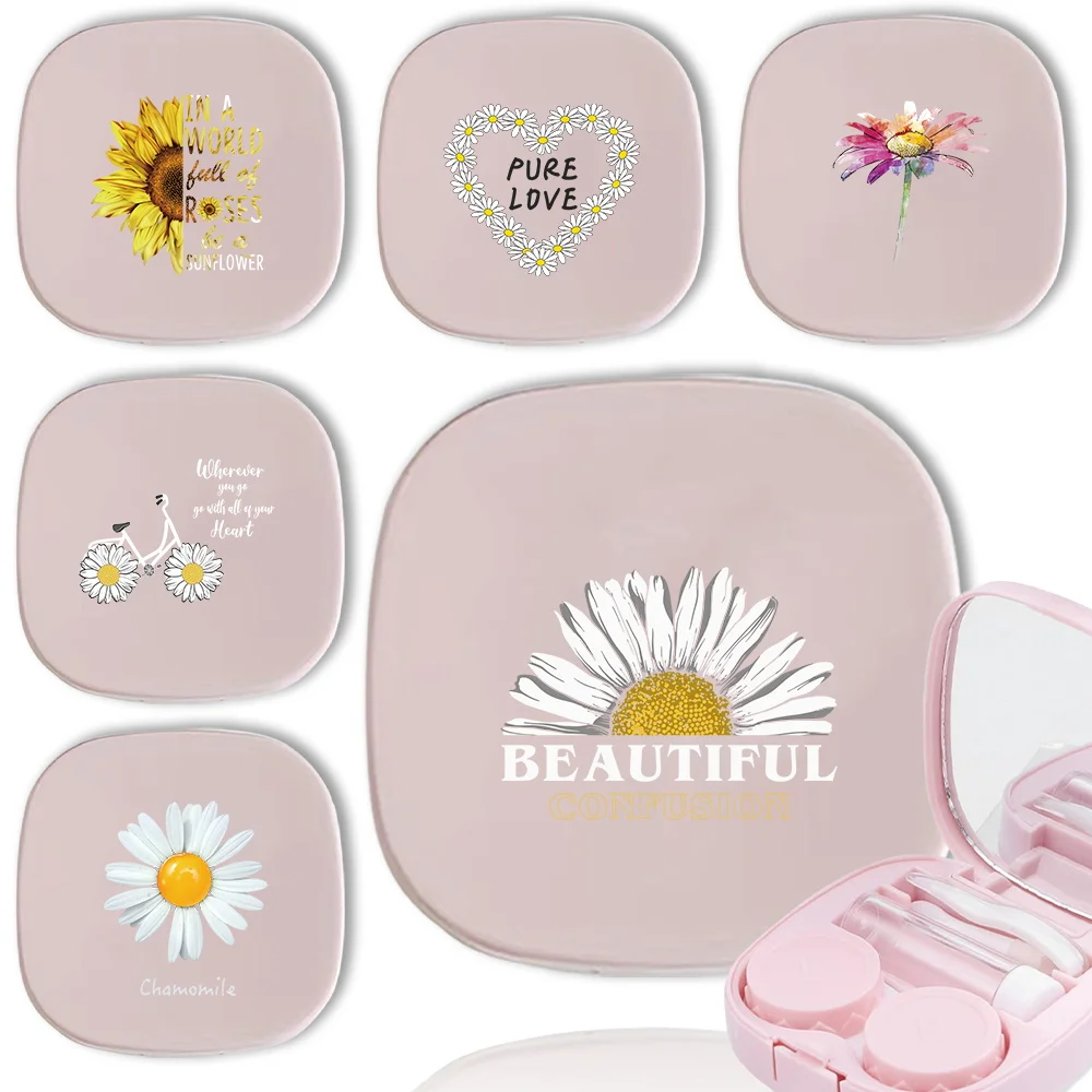 

With Mirror Lens Container Case Portable Contact Lens Organizer With Tweezers Daisy Initial Name 26 Letters Pattern