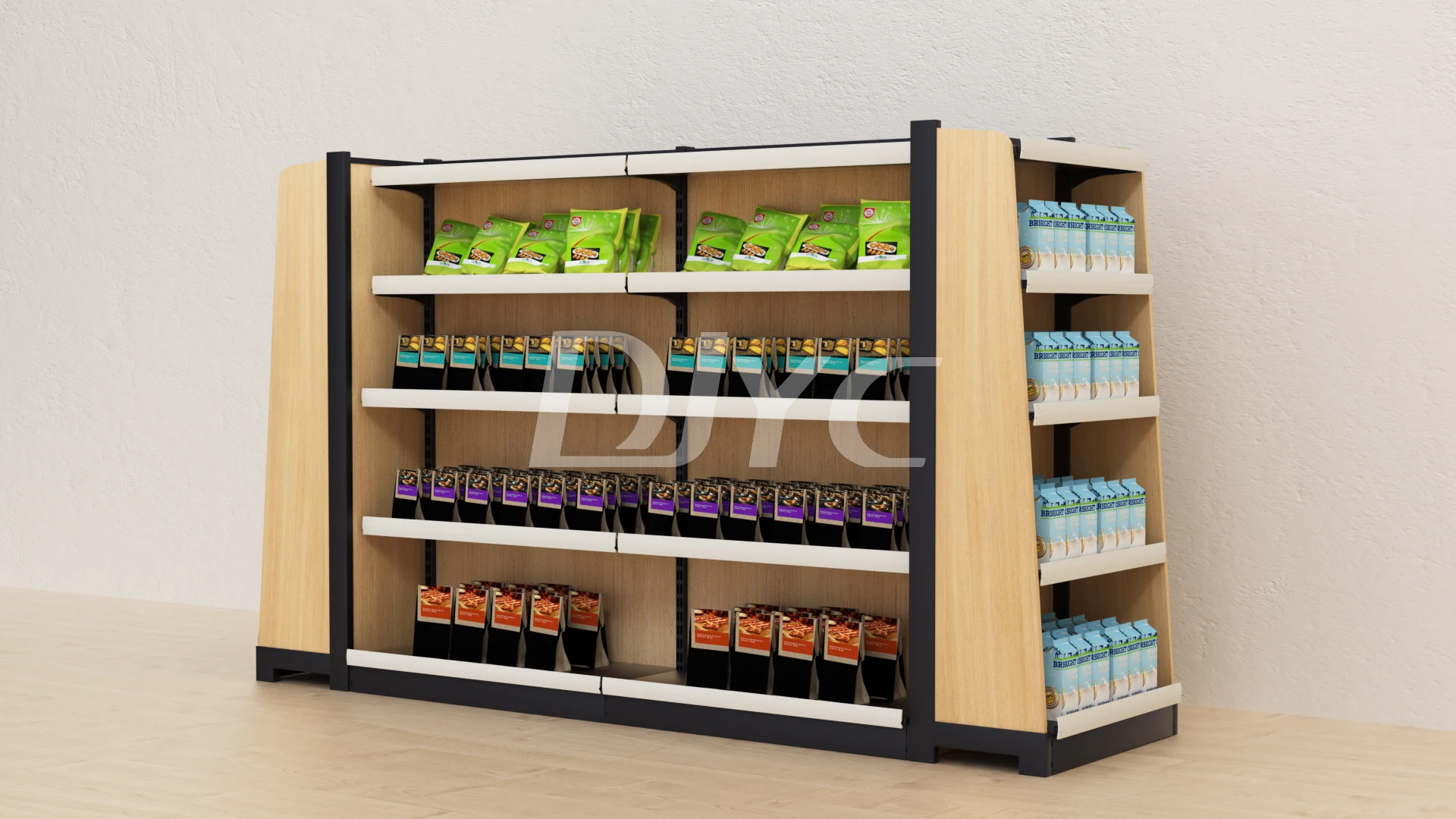 Custom Heavy Duty Wood Steel Double-Sided Powder Coated ISO9001 Certified Supermarket Shelf Display Rack Gondola