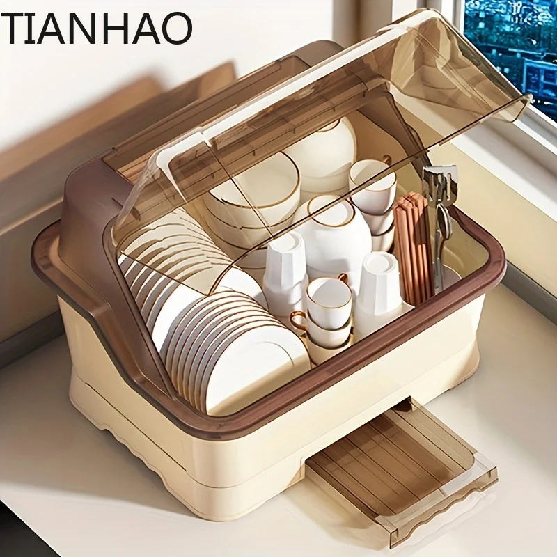 Covered Dish Rack - Space-saving, Dust-proof Kitchen Storage Cabinet, Cream Color, Multifunctional Cutlery Holder
