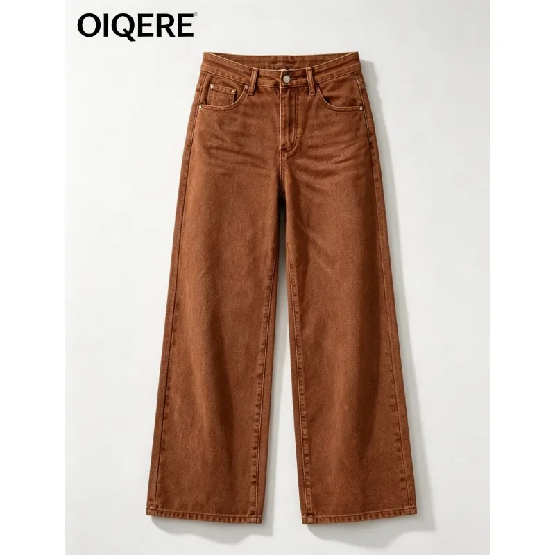 OIQERE Women Brown High Waist Wide Leg Pants Washed Cotton Blend Versatile Slimming Straight Fit Long Denim Trousers