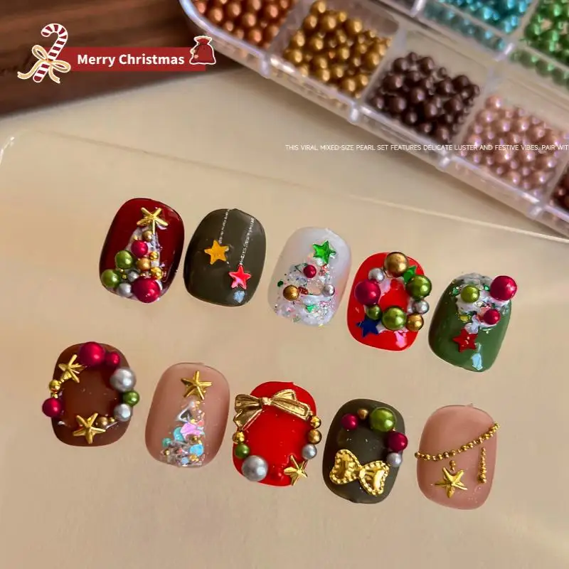 12 Grids Mixed Round Pearls Colourful Stereoscopic Nails Art Decoration Nail Rhinestones Nail Charm Nail Accessories DIY