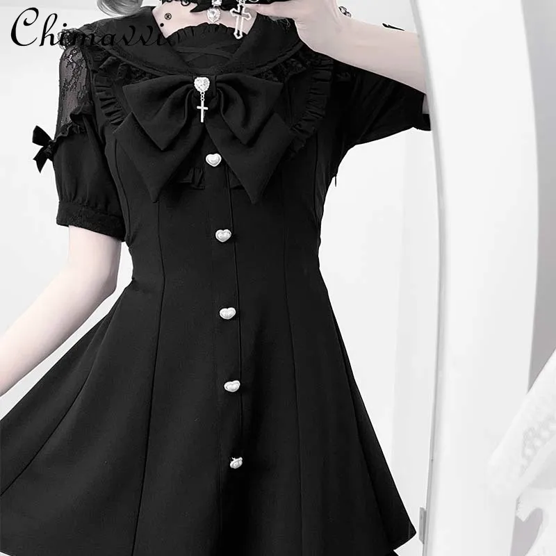 Vestido de manga corta con empalme de encaje producido en masa, Top + Pantalones cortos con cuello de marinero japonés, conjunto de Lolita de dos piezas