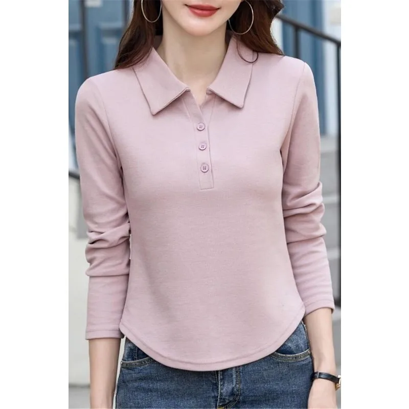 

V-shaped Lapel Long-sleeved T-shirt Top Spring and Autumn New Slim POLO Collar Base Shirt