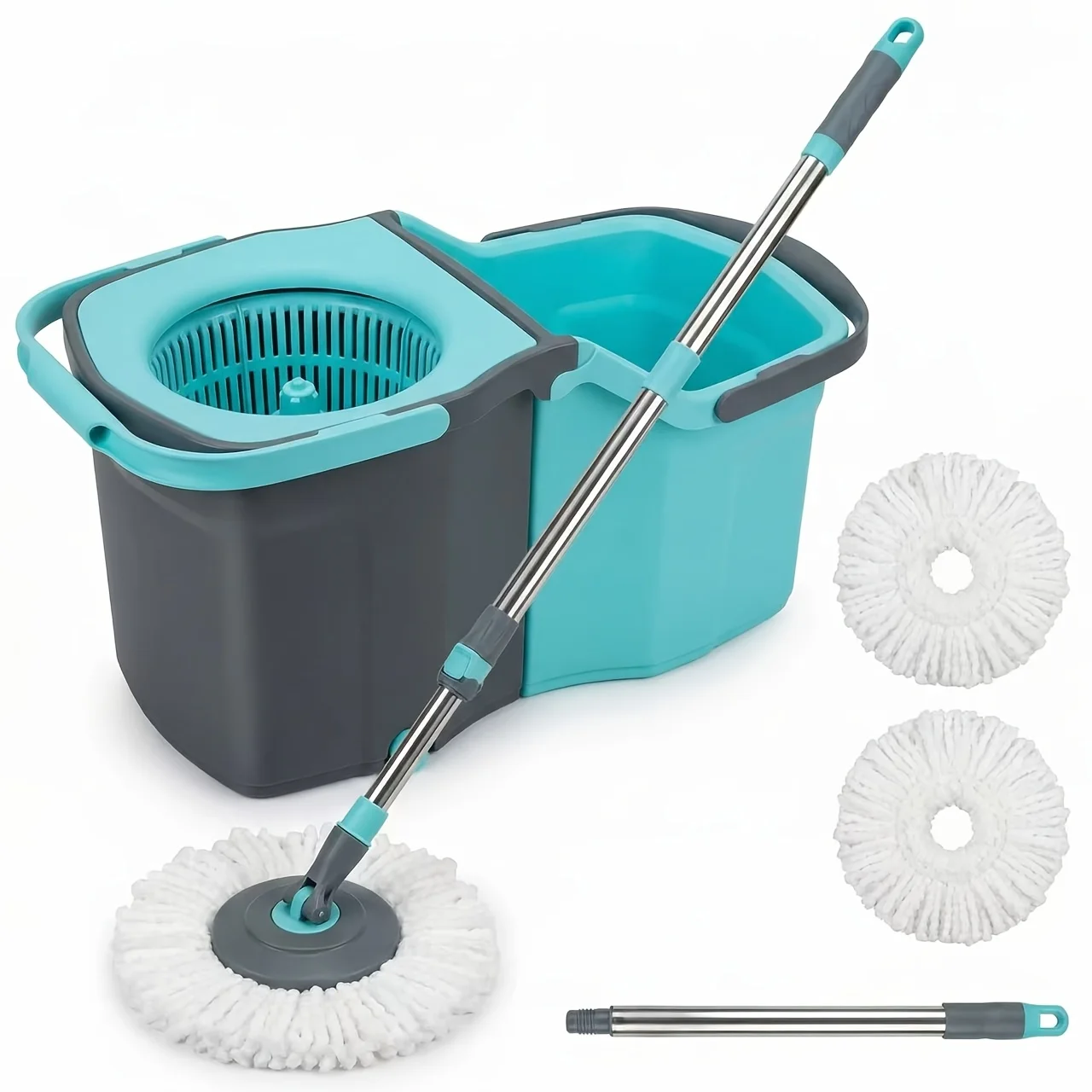 

Detachable Spin Mop and Bucket Set, 360° Spinning Mop with Separate Clean & Dirty Water, 2 Thick Microfiber Mop Heads,