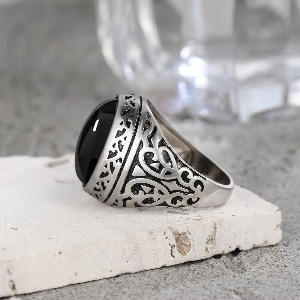 Pierścienie Srebrne Męskie Vintage Srebro Próby 925 z Naturalnym Owalnym Kamieniem Onyksowym w Kolorze Czarnym 10*14MM Duży Kamień Pierścienie Elegancka Biżuteria Męska — zdjęcie 5