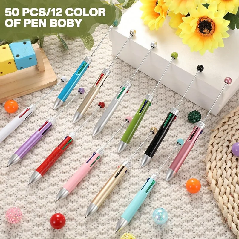 50Pc Plastic Beaded Pens Bulk Multicolor Cute 1.0Mm Beaded Pens 4-In-1 Beaded Ballpoint Pens Making Graduation Supplies