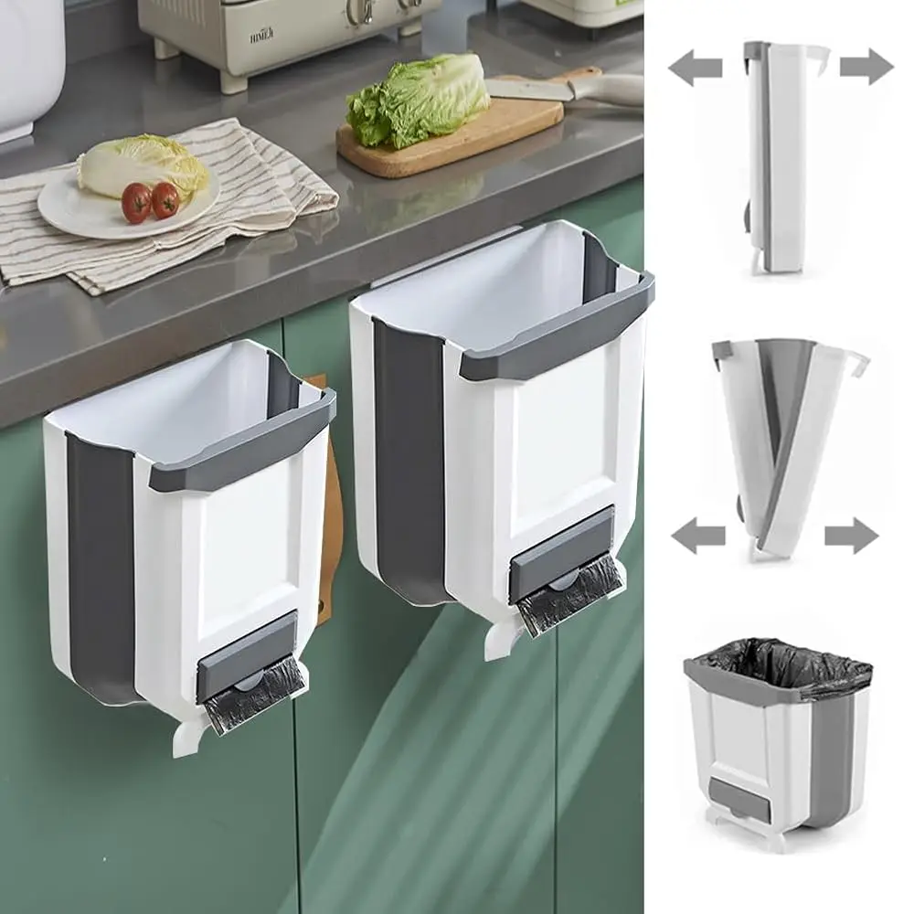 

2 Pack Kitchen Trash Can, Foldable Trash Can for Kitchen, Collapsible Hang Small Plastic Garbage Can 2.4 Gallon for Cabinet/C