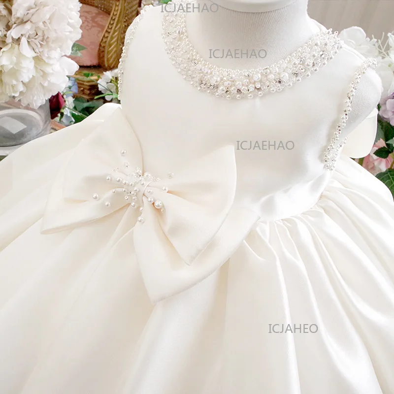Children FlowerParty Kids Competition Performance Costume Girl White Formal Wedding Princess Tutu Dress Baby First Birthday