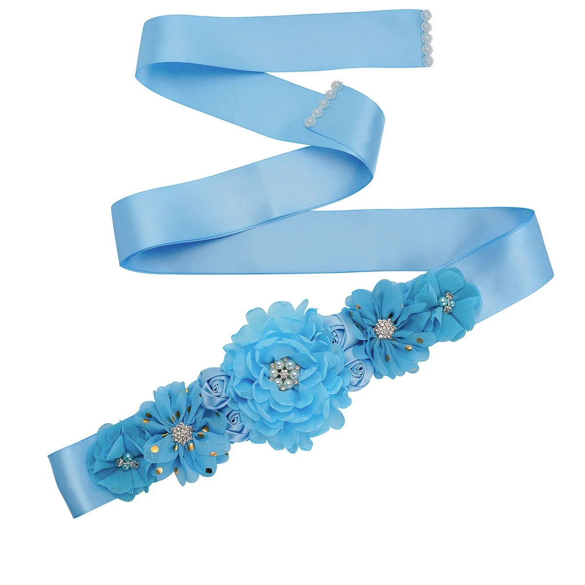 Newest Sky Blue  Handmade Flowers Pearls Wedding  Belt  Baby Shower Prom Evening Party Bridesmaids Satin Sash