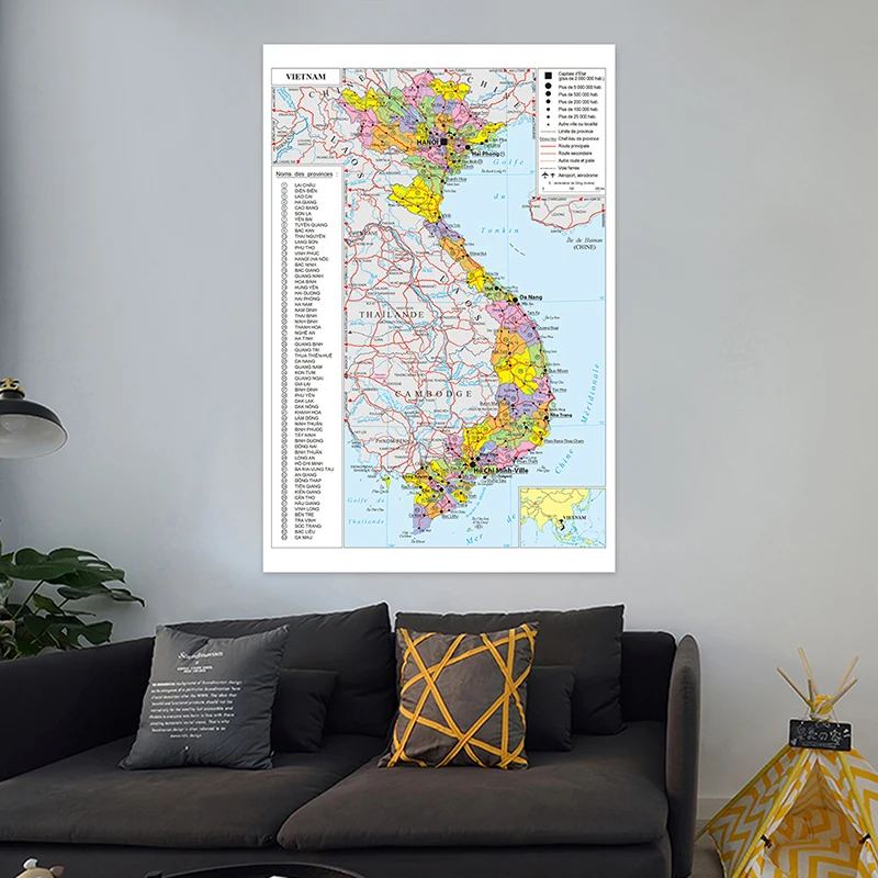 Série de Mapas Franceses - Mapa do Vietnã - Mapa Administrativo, Decoração Educacional e para Viagens, Enfeite de Parede