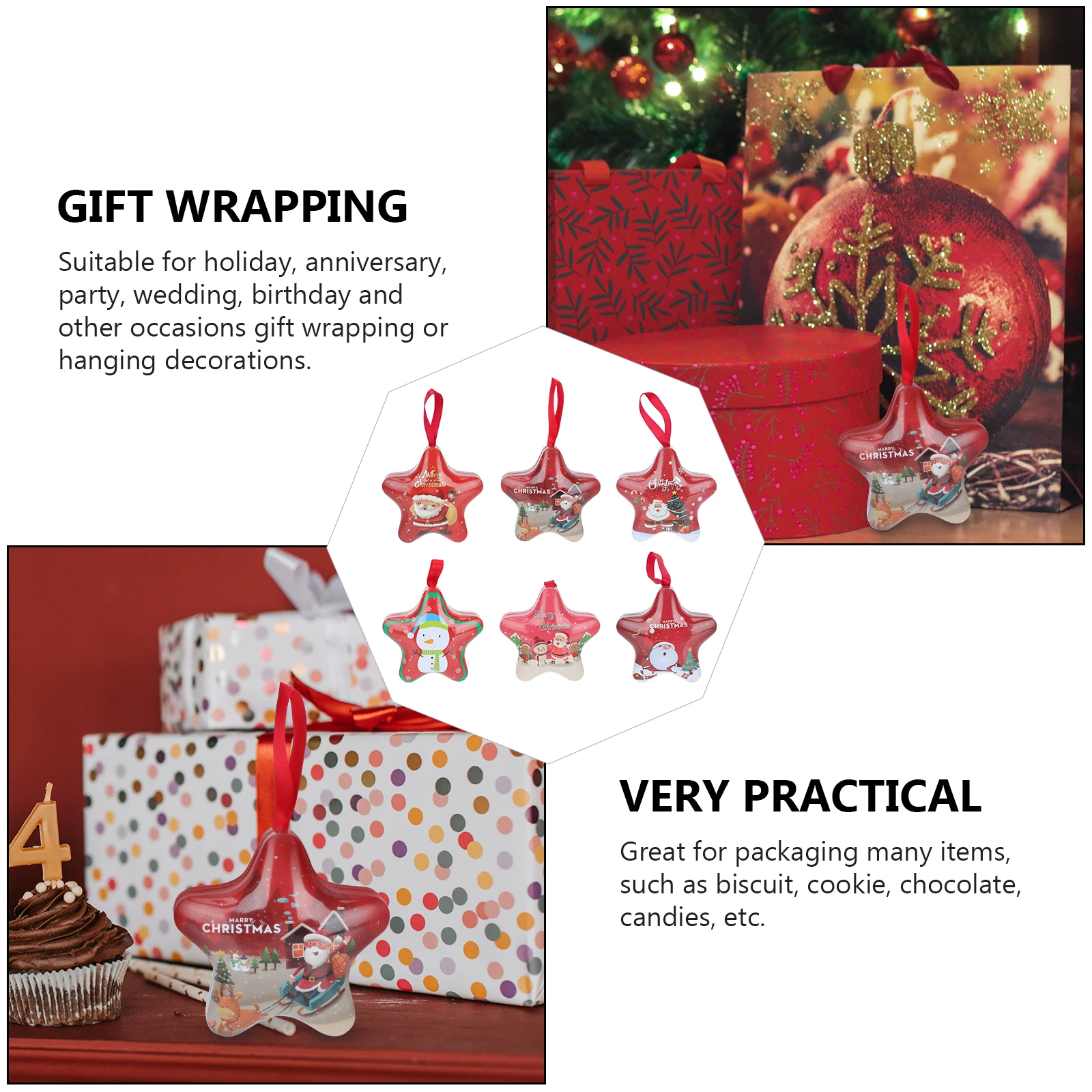6Pcs Xmas Candy Boxes Tinplate Gift Boxes Five-Pointed Star Christmas Packing Box Candy Treat Storage Container Holiday