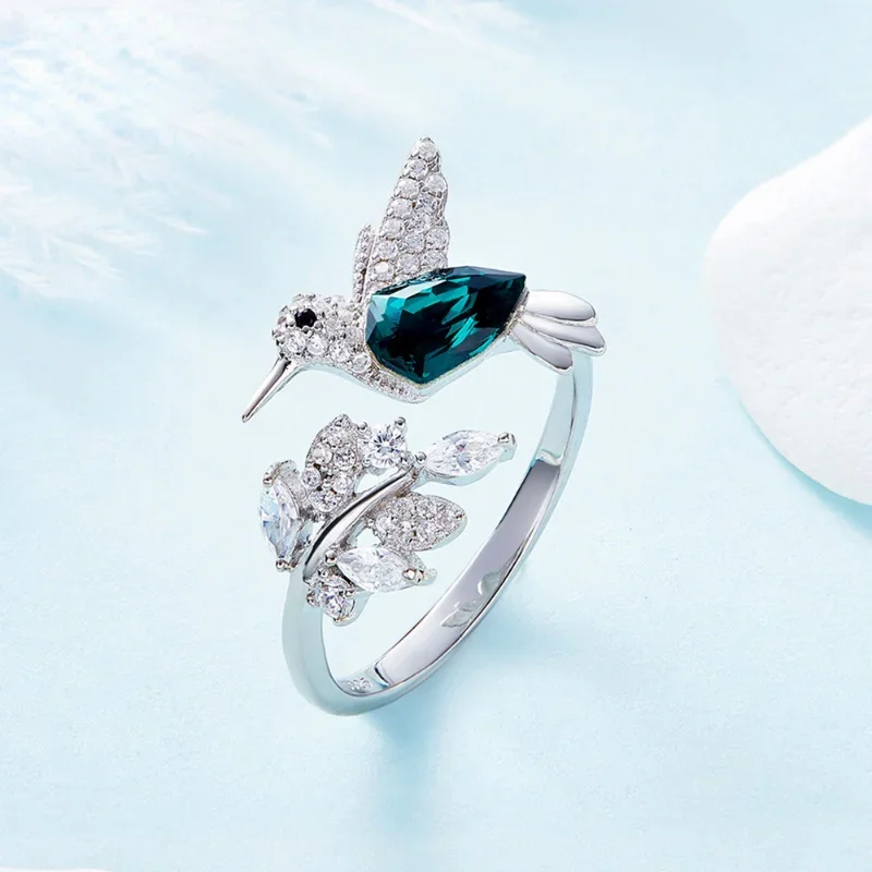 

Fashion Silver Color Hummingbird Adjustable Ring for Women with Green Austrian Crystal Luxury Wedding Rings Jewelry Gift