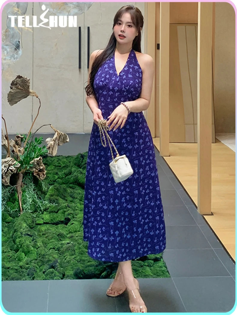 

floral long A-line blue dress gala women's halter sexy v-neck party Elegant gowns wedding guest dress casual clothes Luxury