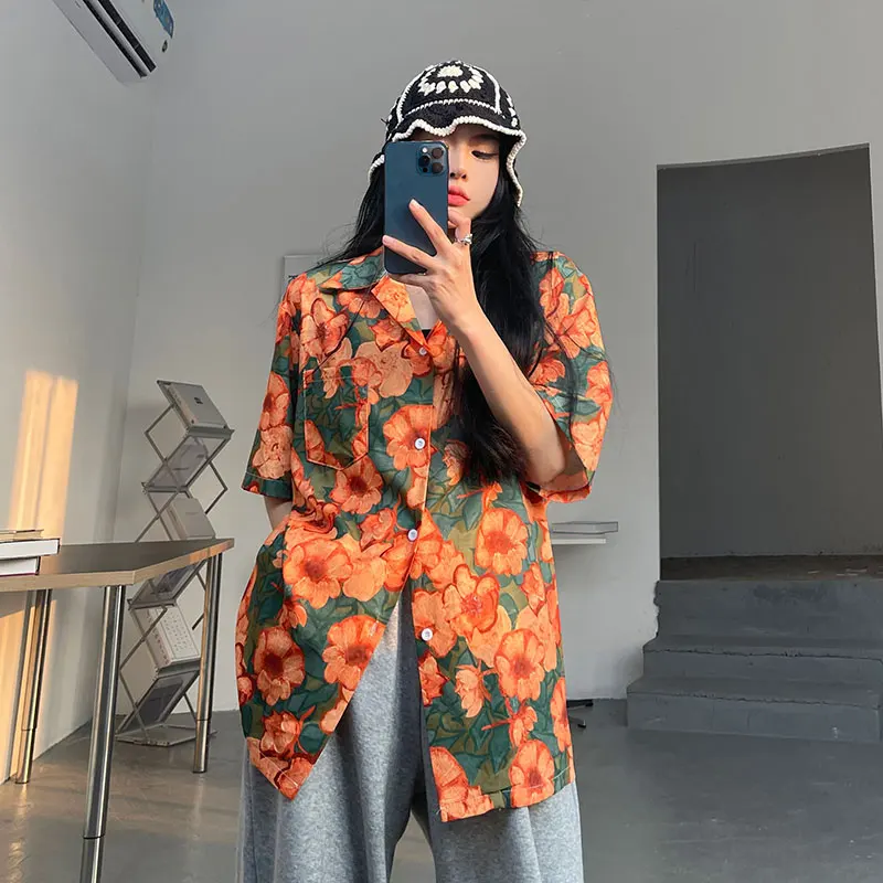 Harajuku Stijl Oversize Streetwear Vintage Bloemen Printing Ontwerp Shirt Volledige Mouw Single-Breasted Losse Vakantie Blouses Shirt