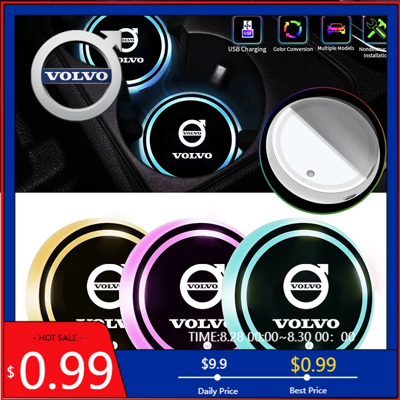 

Universal Bracket 2PCS LED Luminous Car Water Cup Coaster Holder 7 Colorful USB Charging For Volvo V40 V60 V90 XC40 XC60 XC90 S6