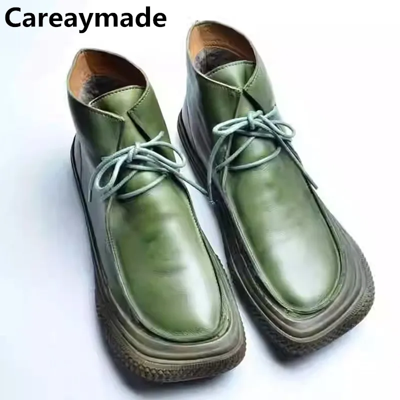

Careaymade-Handmade Genuine leather wider toe short boots,cowhide leather flat boots lace up short tube warm boots single shoes