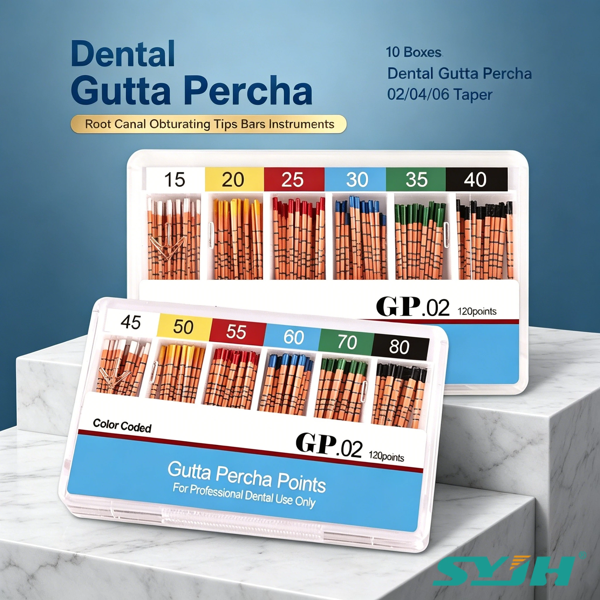10 boîtes de cônes de gutta-percha endodontiques gradués 02/04/06, radiopactiques, pour obturations de canaux radiculaires, instruments d'endodontie