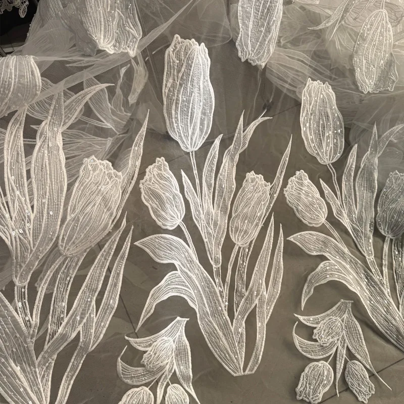 

Large Flower Embroidery Lace Sequin Yarn Fabric for Perspective Beading Wedding Dress Set Design Cloth Per Meter Sewing Material