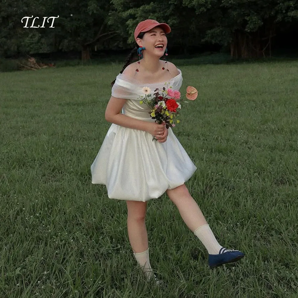 

TLIT простое белое короткое атласное свадебное платье без бретелек для выпускного вечера корейское свадебное платье фотосессия индивидуальное платье с открытыми плечами