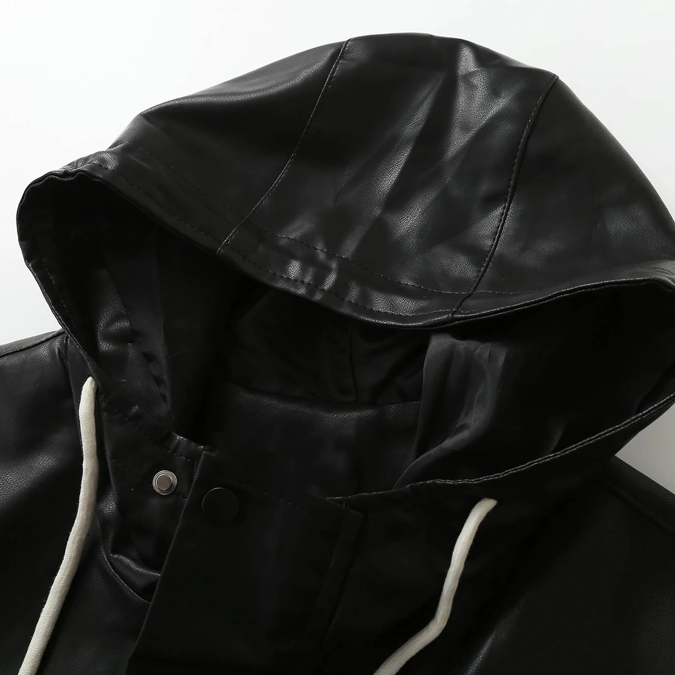 Na moda casual solto feminino couro do plutônio jaet com capuz dstring outono foiable superior fechamento com zíper longo casaco sve