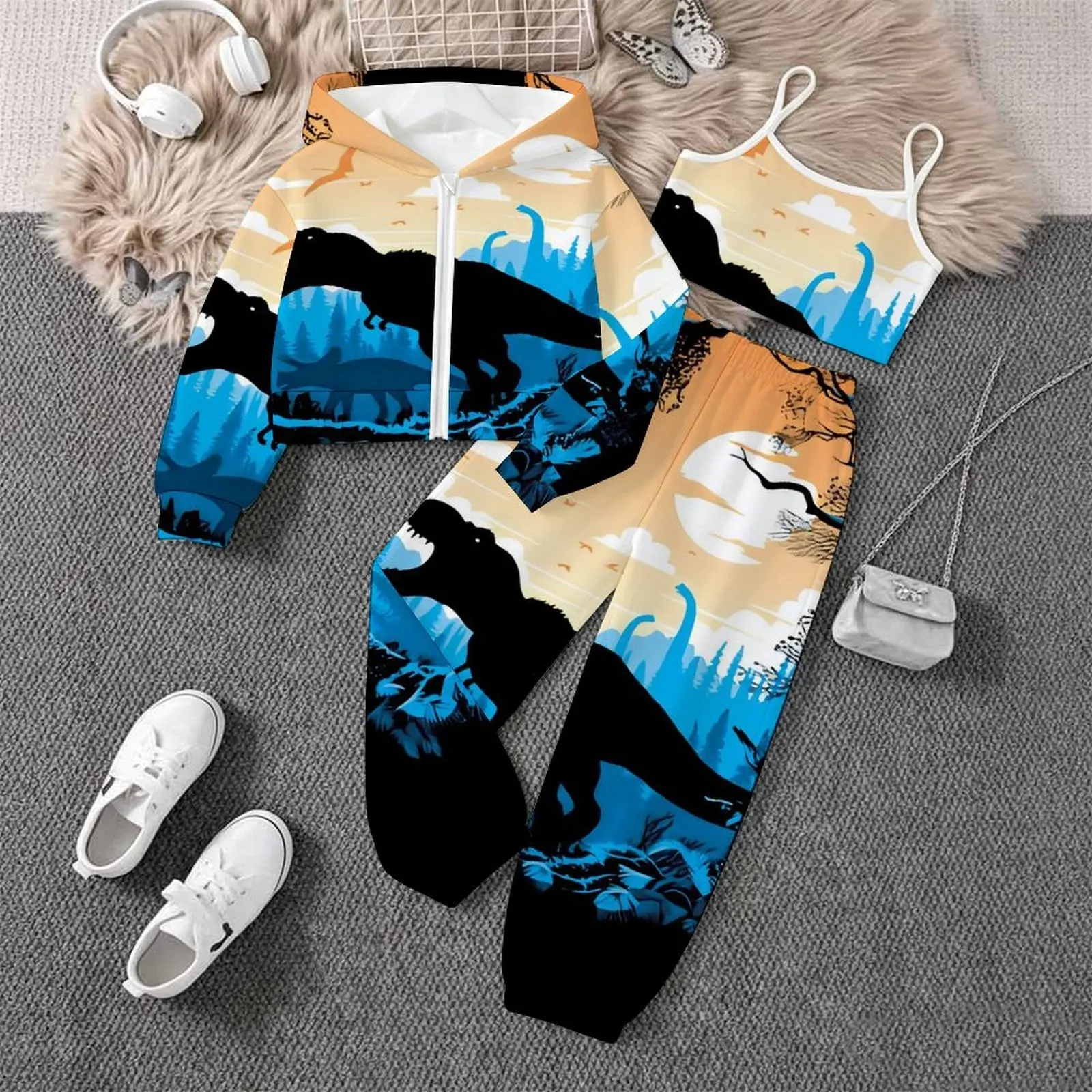 3pcs Autumn Coats Winter Jogging Pants Girls Daily Wear Retro Three-Piece Set Children's Tops Fashion Vest Print Trousers