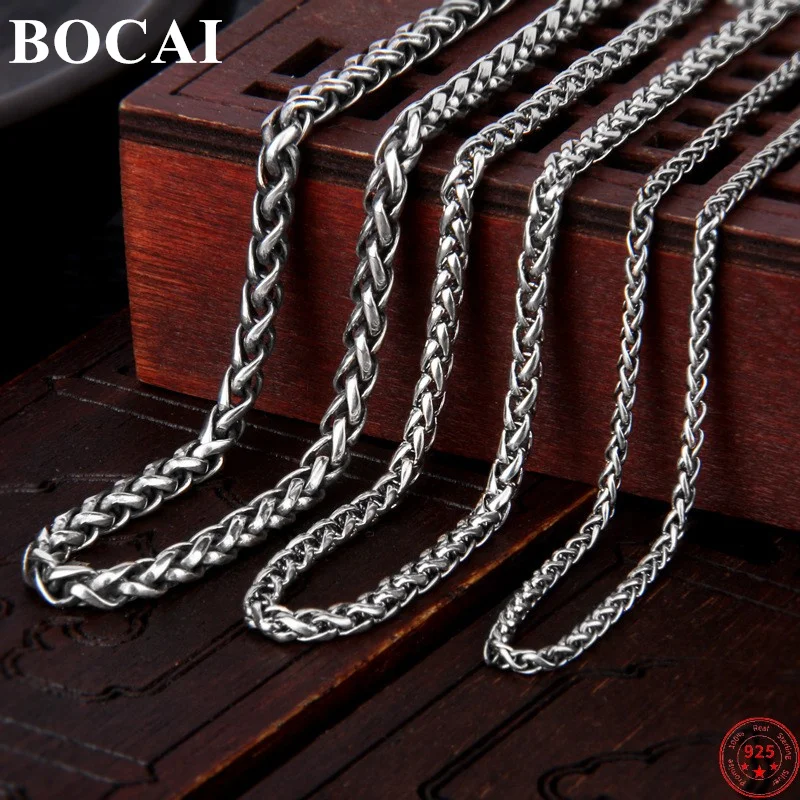 BOCAI Trendy S925 Sterling Silver Necklace for Men Women New Fashion 2.0mm 3.0mm 4.0mm Weaven-Chain Pure Argentum Jewelry