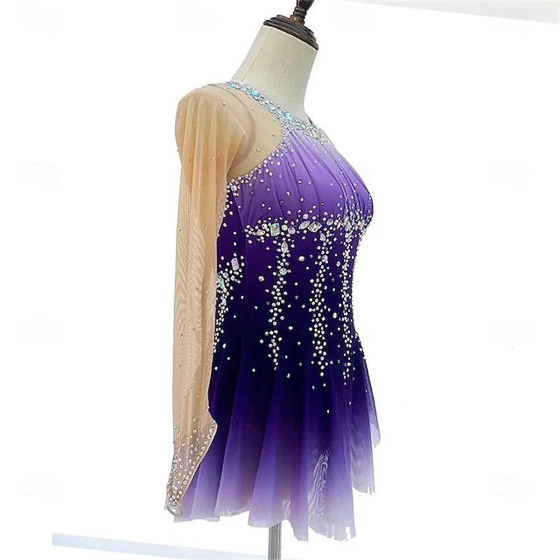 Figure Skating Dress Women\'s Ice Skating Dress Purple Thumbhole Halo Dyeing High Elasticity Professional Competition Skating