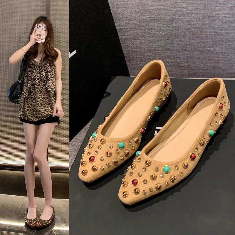 

Luxury Shoes Women's Ballet Flats Beaded Decoration Suede Pointed Toe Slip on Mary Jane Shoes Designer Shoes Zapatillas De Mujer