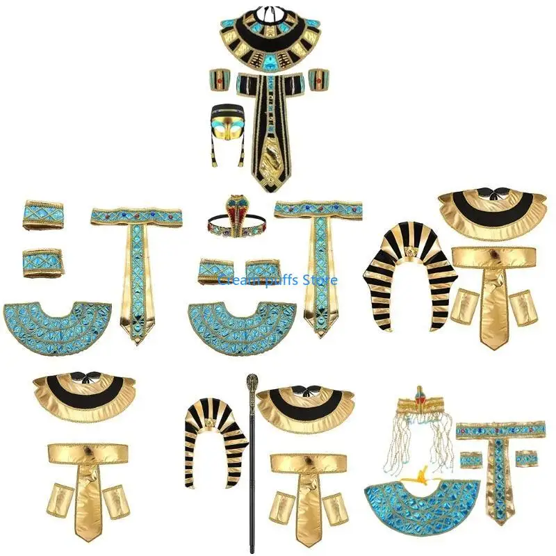 

50LE Egyptian Costume Accessories Set Egyptian Pharaoh Headpiece Egyptian Collar Wristbands for Halloween Role Play Cosplay