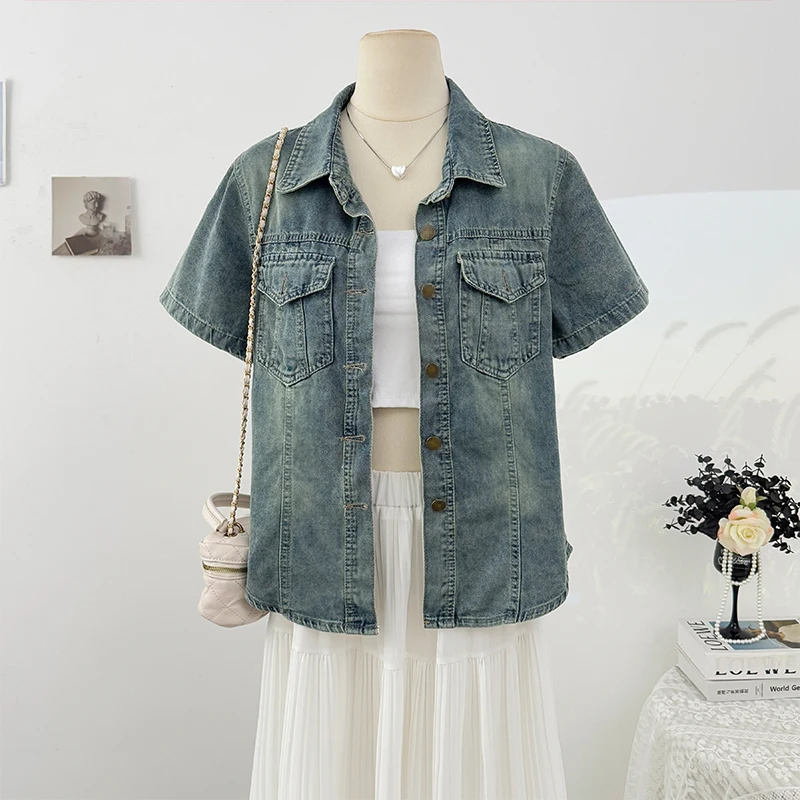 

Модная джинсовая рубашка с коротким рукавом, женское ретро темпераментное однобортное пальто с отложным воротником, новый летний уличный топ с карманами