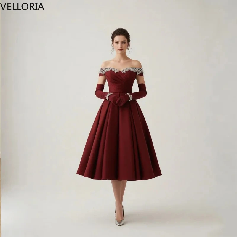 

Burgundy Evening Dress 2025 Pearl Strap Satin Ball Gown with Gloves Vintage Party Dress Vestdos De Fiesta Customized