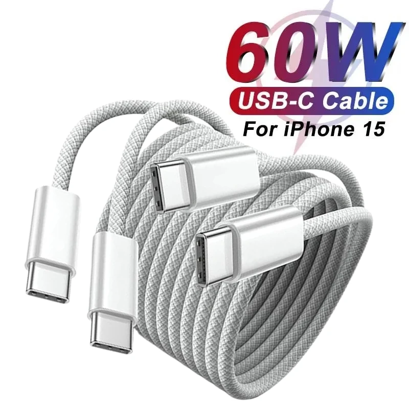 60W USB C to USB C Fast Charging Braided Cable for iPhone 15 Plus 15 Pro Max Samsung Xiaomi Huawei Dual Type C PD Charger Cable