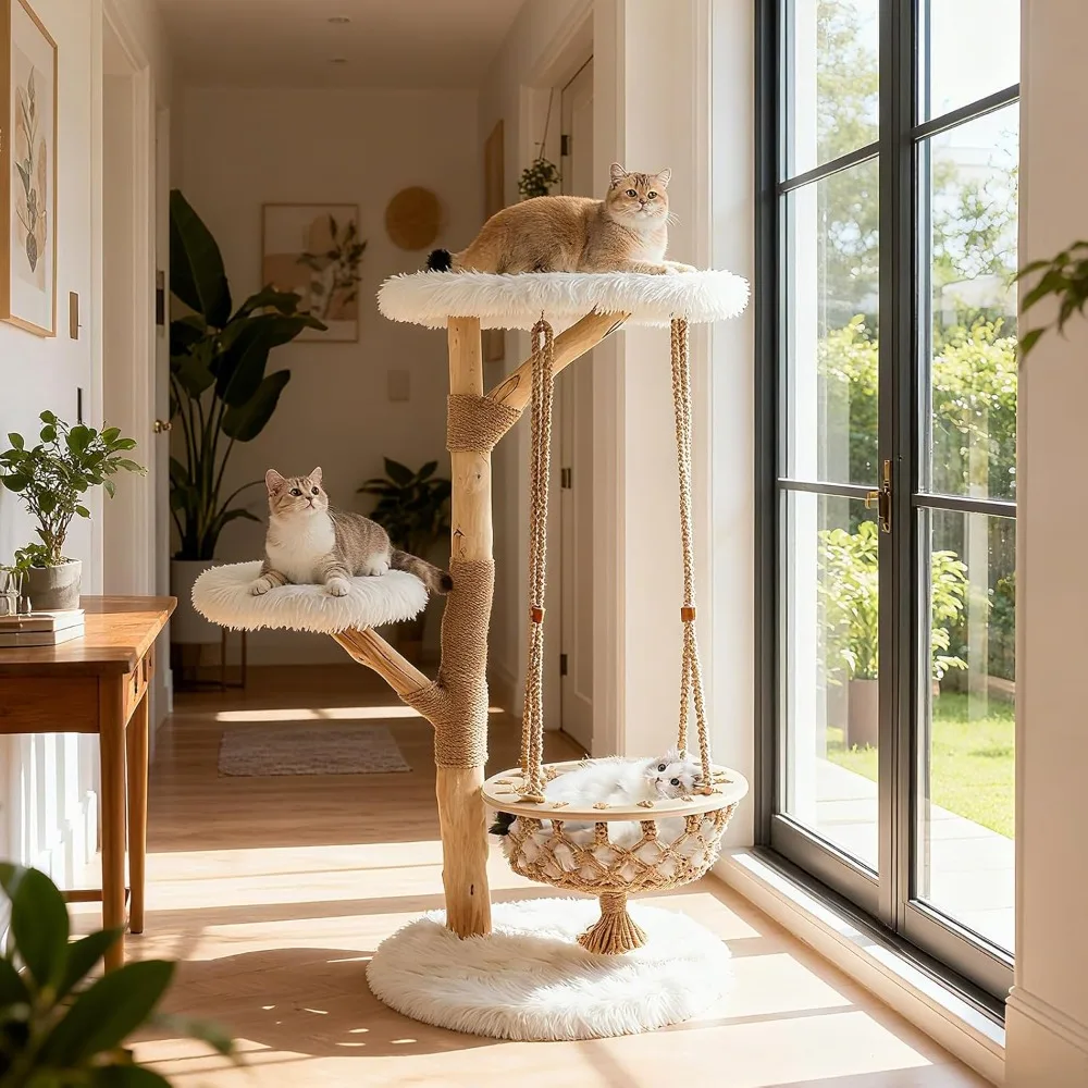 

48.5 Inches Wood Cat Tree, Multi-Level White Modern Cat Tree with Hanging Basket, Solid Natural Peer Wood Post, Customized