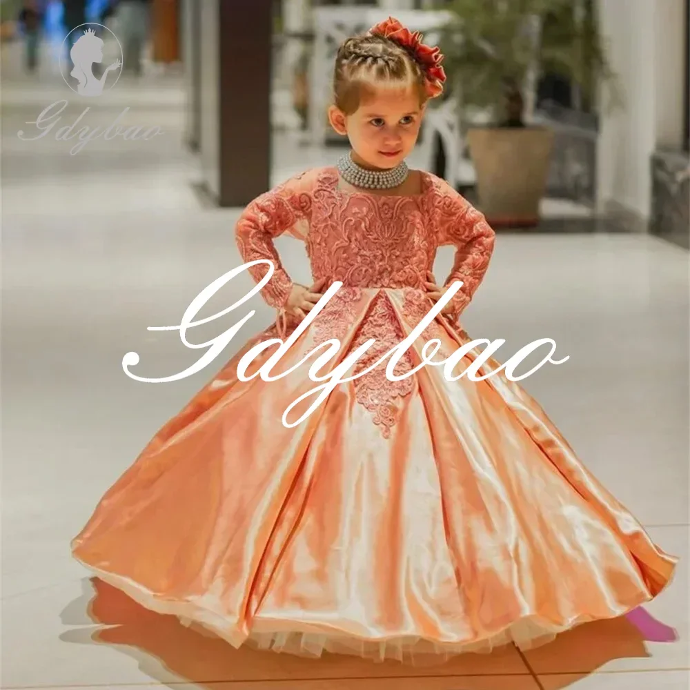 Luxury Princess Square Neck Applique A Line Long Ball Flower Girl Dress Elegant Long Ball First Communion Gown Customized 2024